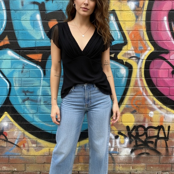 Express Embellished Flutter Mesh Top Black M - Picture 3 of 7